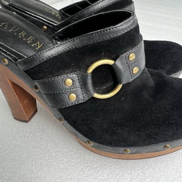 Lauren Ralph Lauren Stasia Sport Suede Platform Mule Clog Black Sz‎ 8M Studded - Picture 7 of 13